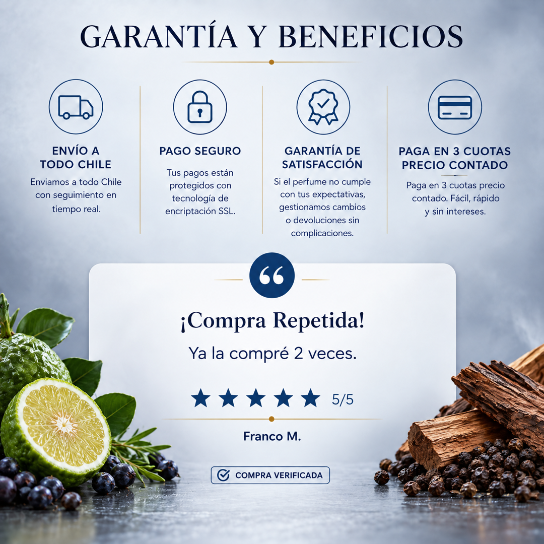 Garantía y beneficios con reseña de cliente, perfume inspirado en Burberry Hero