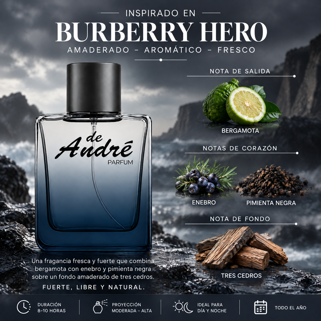 Notas olfativas del perfume inspirado en Burberry Hero: bergamota, enebro, pimienta negra y tres cedros