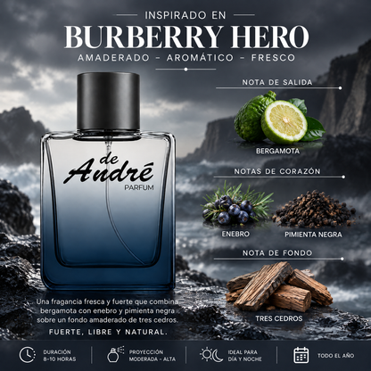 Notas olfativas del perfume inspirado en Burberry Hero: bergamota, enebro, pimienta negra y tres cedros