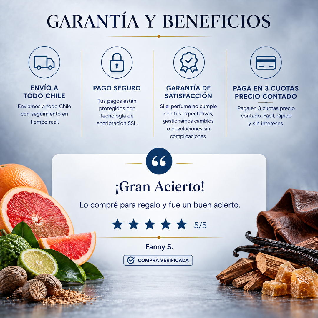 Garantía y beneficios con reseña de cliente, perfume inspirado en CH Men