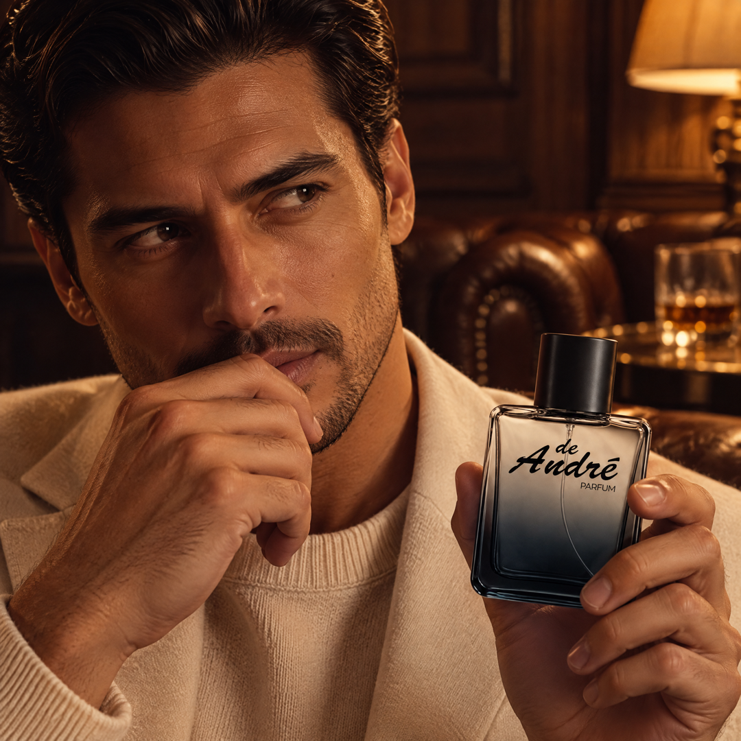 Hombre en un club de caballeros sosteniendo el perfume inspirado en CH Men de Perfumes Inferno