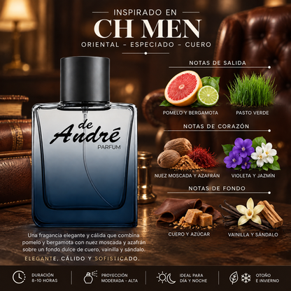 Notas olfativas del perfume inspirado en CH Men: pomelo, bergamota, pasto verde, nuez moscada, azafrán, violeta, jazmín, cuero, azúcar, vainilla y sándalo