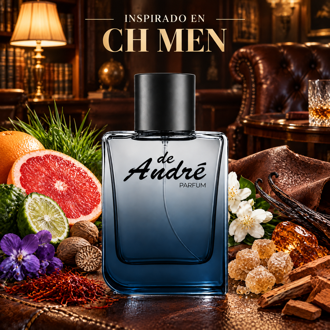 Perfume de hombre inspirado en CH Men con bergamota, azafrán, cuero, vainilla y sándalo