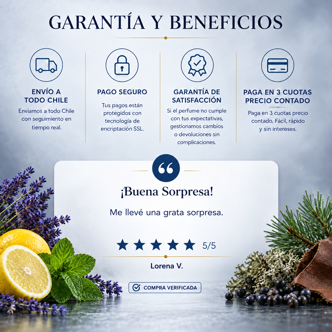 Garantía y beneficios con reseña de cliente, perfume inspirado en Drakkar Noir