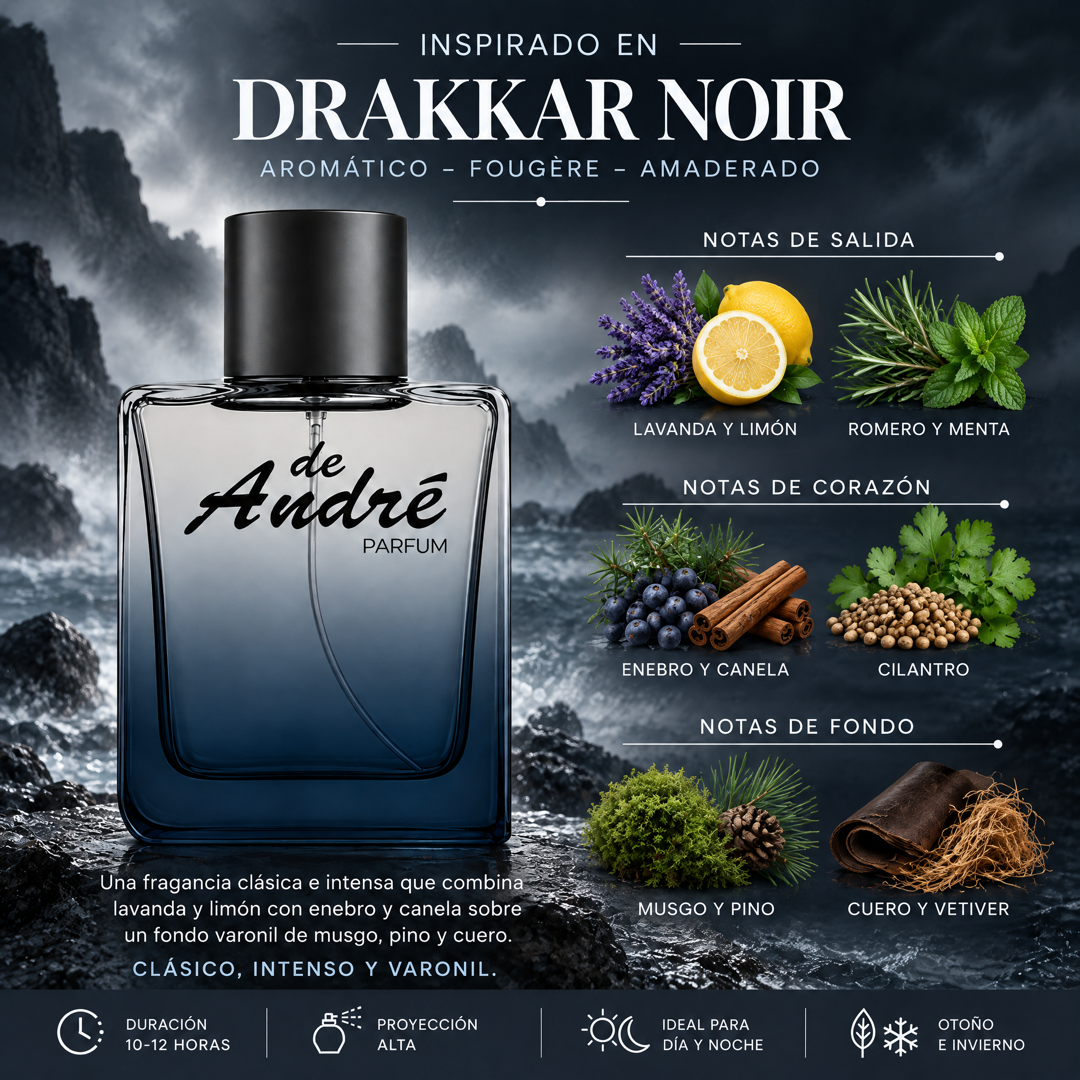 Notas olfativas del perfume inspirado en Drakkar Noir: lavanda, limón, romero, menta, enebro, canela, cilantro, musgo, pino, cuero y vetiver