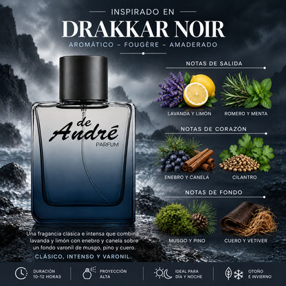 Notas olfativas del perfume inspirado en Drakkar Noir: lavanda, limón, romero, menta, enebro, canela, cilantro, musgo, pino, cuero y vetiver