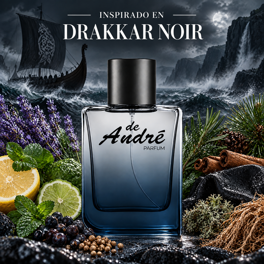 Perfume de hombre inspirado en Drakkar Noir con lavanda, romero, enebro, musgo y cuero