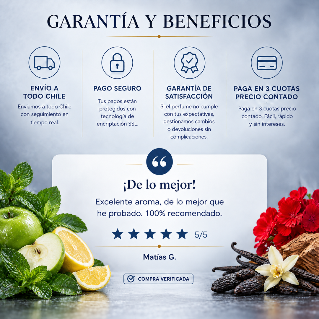 Garantía y beneficios con reseña de cliente, perfume inspirado en Eros
