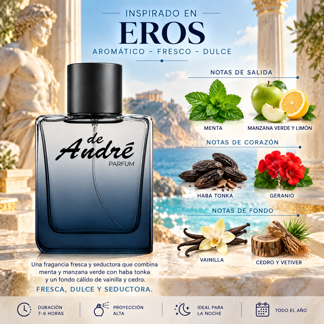 Notas olfativas del perfume inspirado en Eros: menta, manzana verde, limón, haba tonka, geranio, vainilla, cedro y vetiver