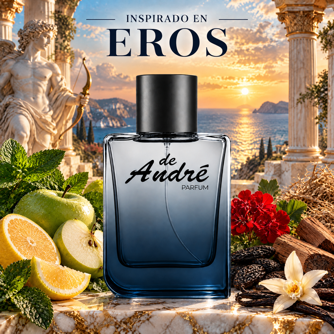 Perfume de hombre inspirado en Eros con menta, manzana verde, limón, geranio, haba tonka y vainilla