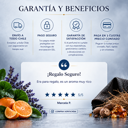 Garantía y beneficios con reseña de cliente, perfume inspirado en Fahrenheit