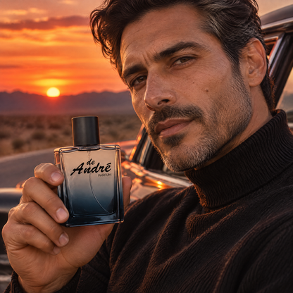 Hombre en una carretera del desierto al atardecer con el perfume inspirado en Fahrenheit de Perfumes Inferno