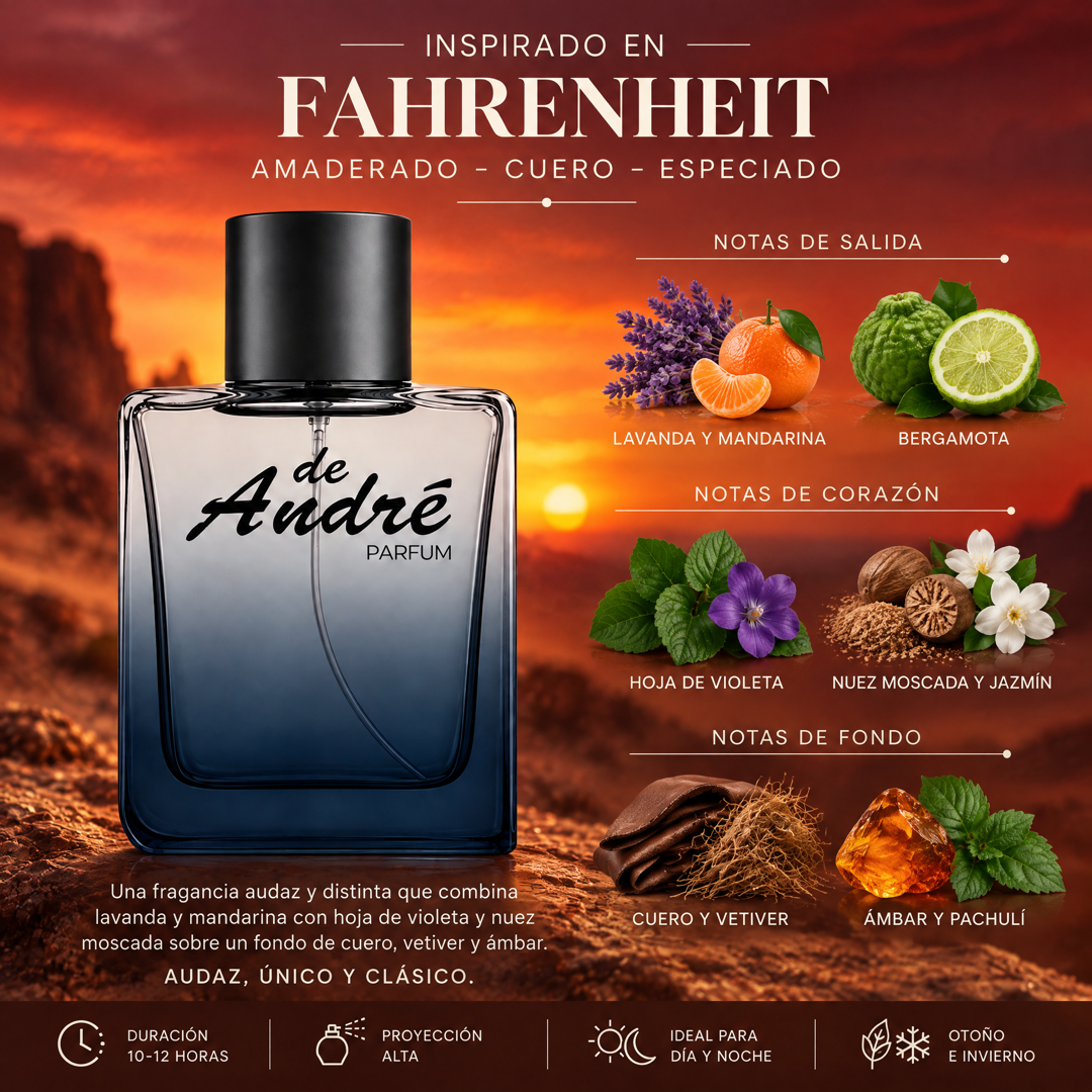 Notas olfativas del perfume inspirado en Fahrenheit: lavanda, mandarina, bergamota, hoja de violeta, nuez moscada, jazmín, cuero, vetiver, ámbar y pachulí