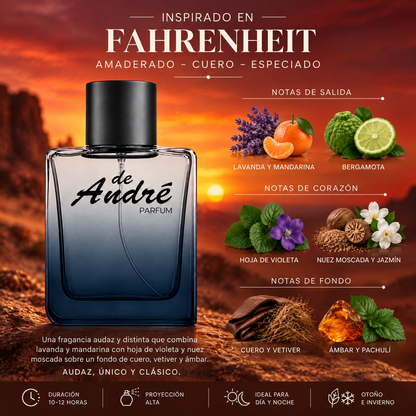 Notas olfativas del perfume inspirado en Fahrenheit: lavanda, mandarina, bergamota, hoja de violeta, nuez moscada, jazmín, cuero, vetiver, ámbar y pachulí