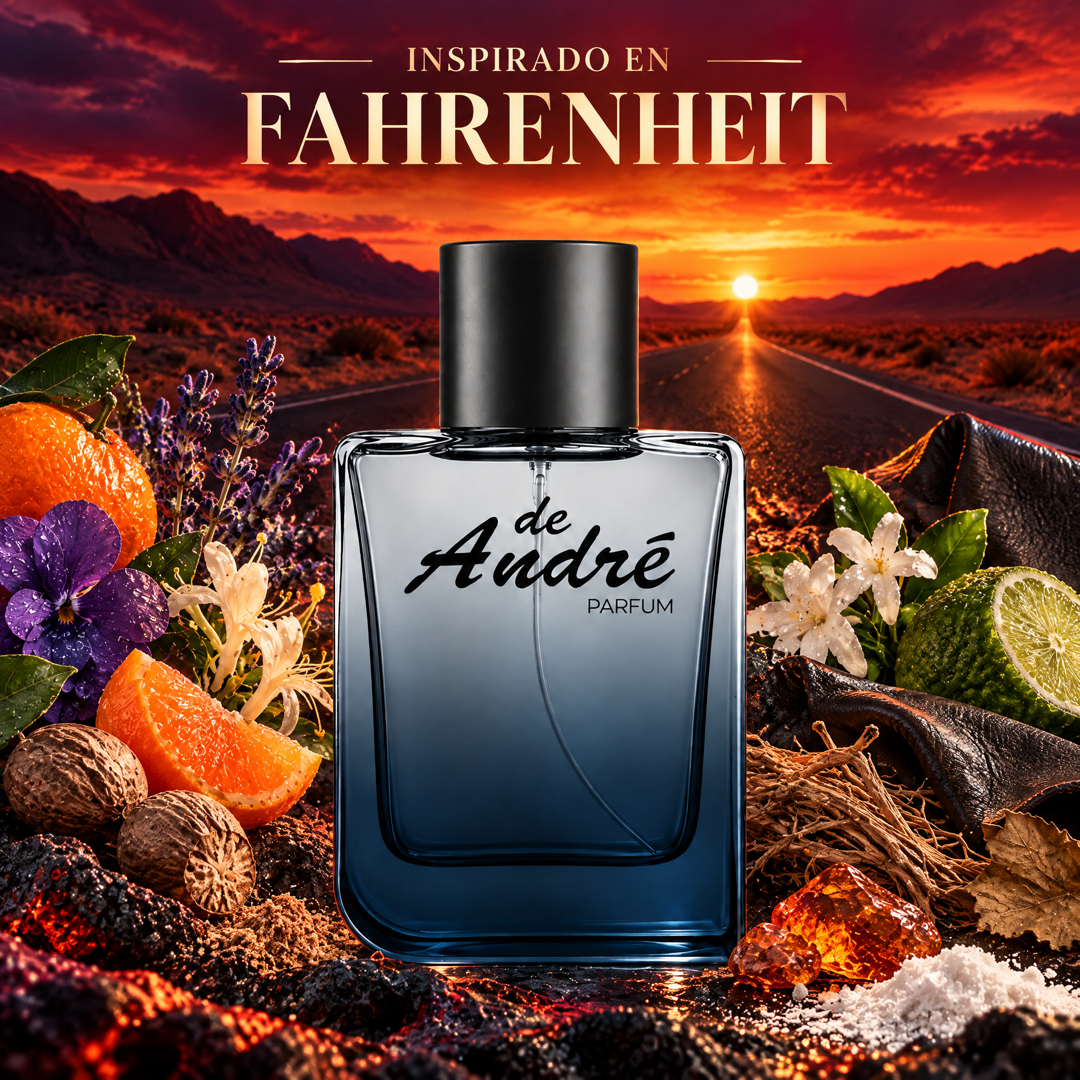 Perfume de hombre inspirado en Fahrenheit con lavanda, hoja de violeta, nuez moscada, cuero y vetiver