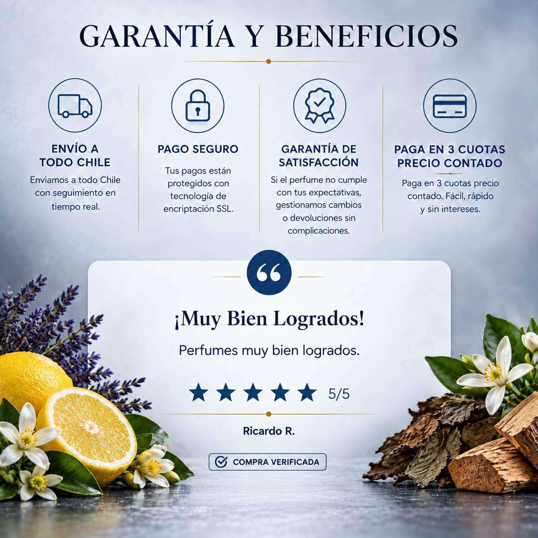 Garantía y beneficios con reseña de cliente, perfume inspirado en Gucci Guilty