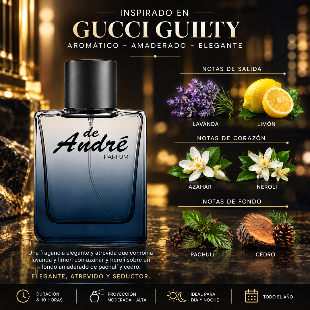 Notas olfativas del perfume inspirado en Gucci Guilty: lavanda, limón, azahar, neroli, pachulí y cedro
