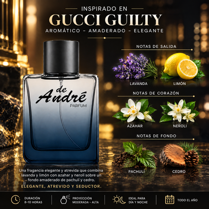 Notas olfativas del perfume inspirado en Gucci Guilty: lavanda, limón, azahar, neroli, pachulí y cedro