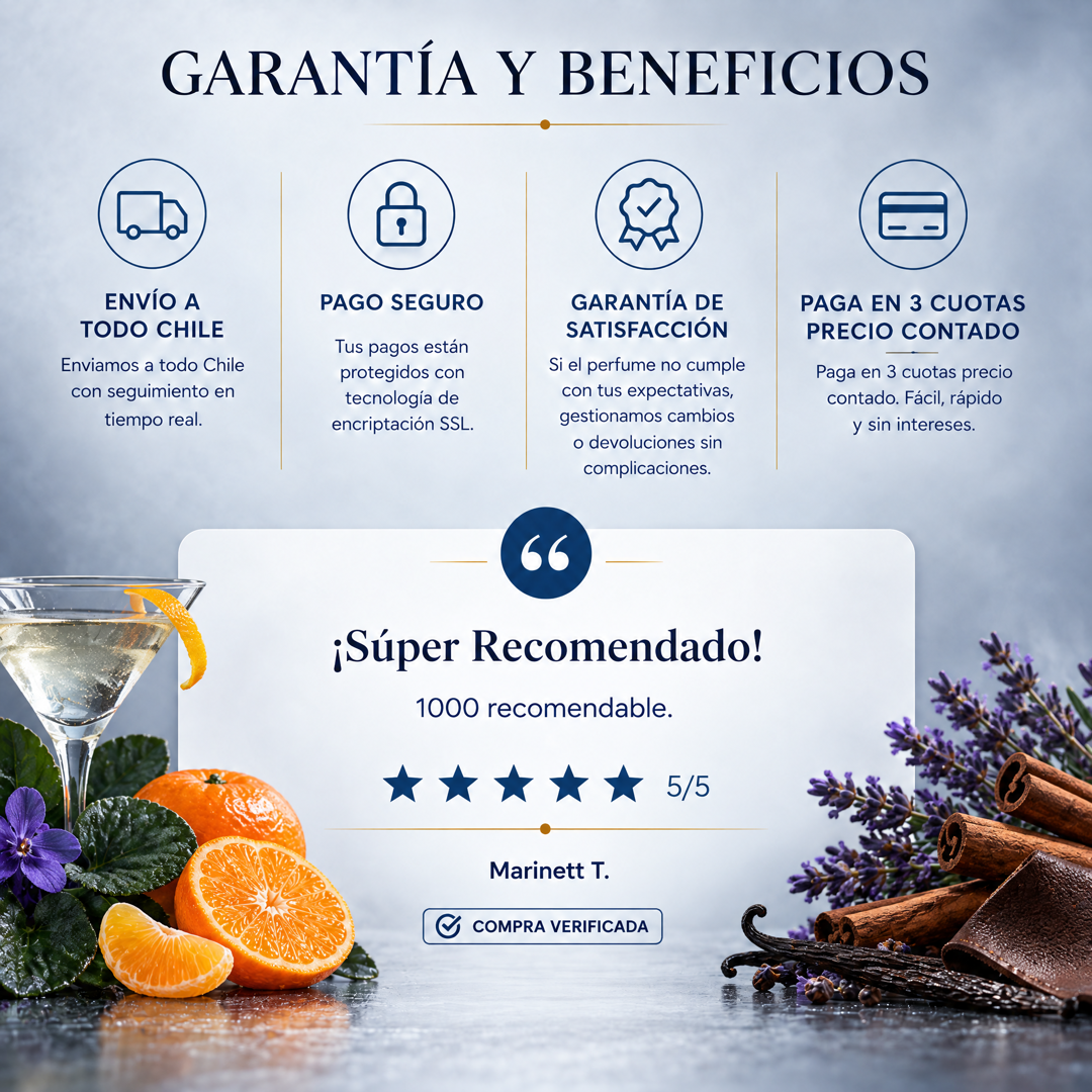 Garantía y beneficios con reseña de cliente, perfume inspirado en Halloween Man