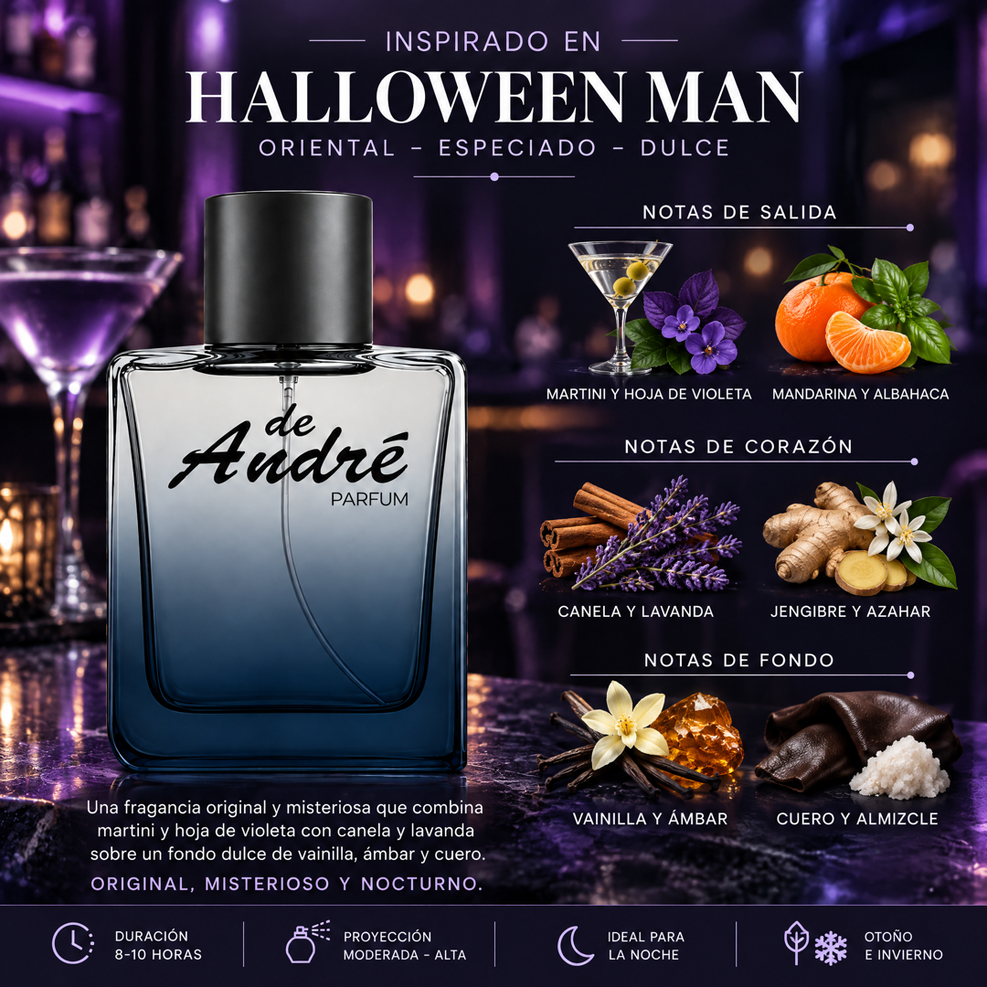 Notas olfativas del perfume inspirado en Halloween Man: martini, hoja de violeta, mandarina, albahaca, canela, lavanda, jengibre, azahar, vainilla, ámbar, cuero y almizcle