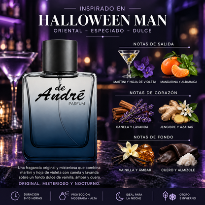 Notas olfativas del perfume inspirado en Halloween Man: martini, hoja de violeta, mandarina, albahaca, canela, lavanda, jengibre, azahar, vainilla, ámbar, cuero y almizcle
