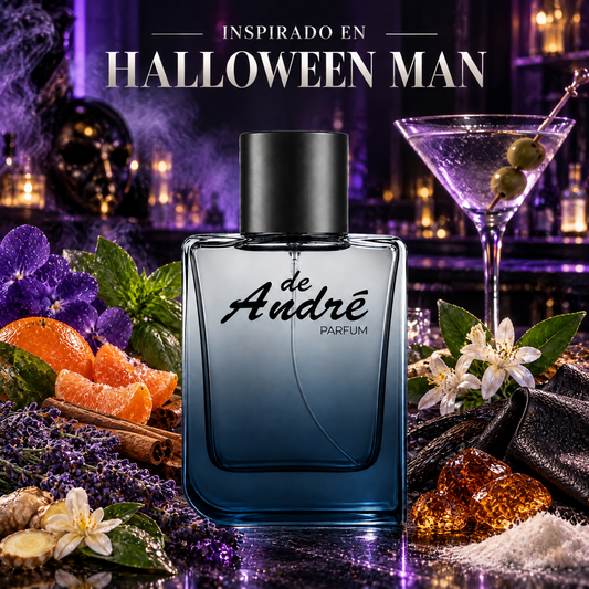 Perfume de hombre inspirado en Halloween Man con martini, hoja de violeta, canela, vainilla y cuero