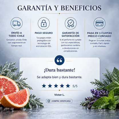 Garantía y beneficios con reseña de cliente, perfume inspirado en Invictus Platinum