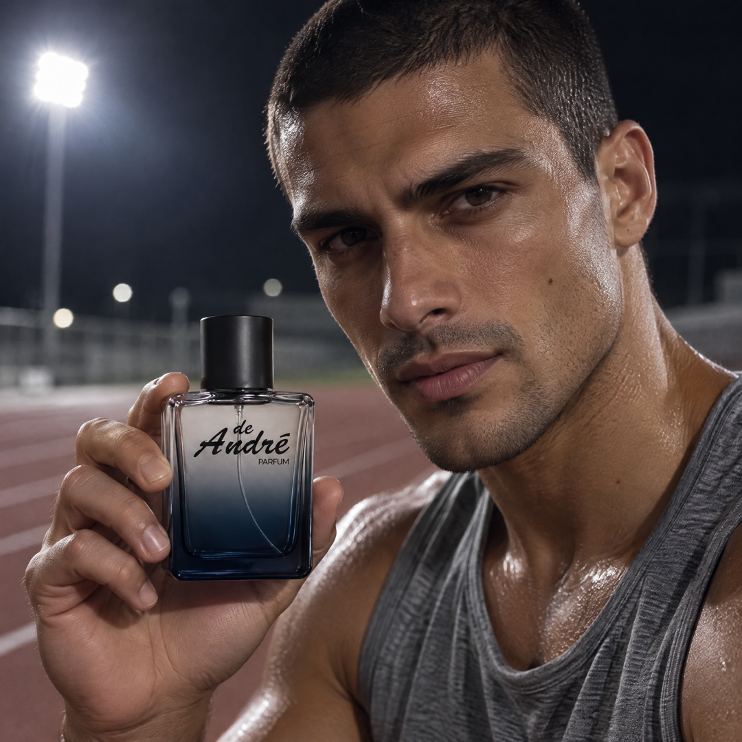 Hombre en una pista de atletismo de noche con el perfume inspirado en Invictus Platinum de Perfumes Inferno