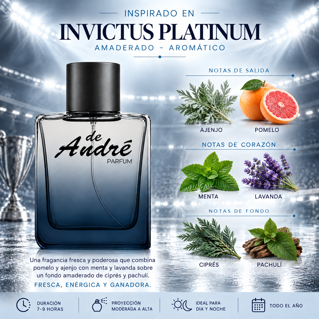 Notas olfativas del perfume inspirado en Invictus Platinum: ajenjo, pomelo, menta, lavanda, ciprés y pachulí