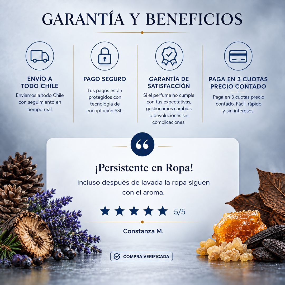 Garantía y beneficios con reseña de cliente, perfume inspirado en Lapidus pour Homme