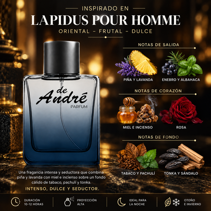 Notas olfativas del perfume inspirado en Lapidus pour Homme: piña, lavanda, enebro, albahaca, miel e incienso, rosa, tabaco, pachulí, tonka y sándalo