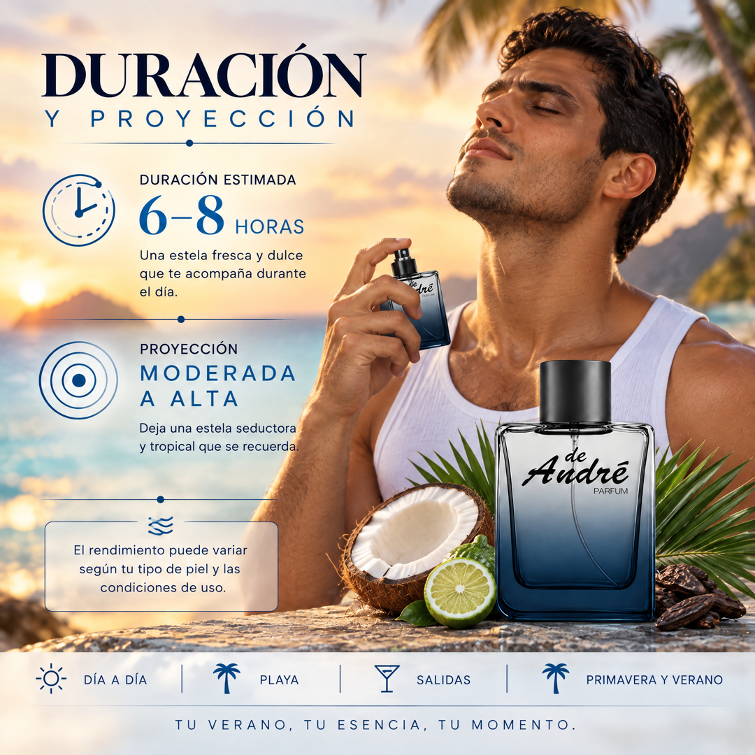 Duración de 6 a 8 horas y proyección moderada a alta del perfume de hombre inspirado en Le Beau
