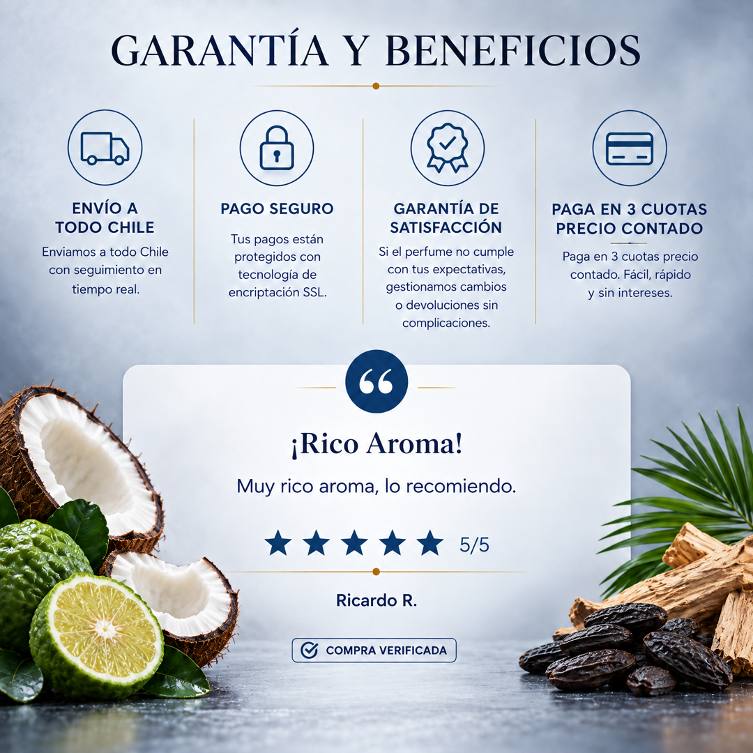 Garantía y beneficios con reseña de cliente, perfume inspirado en Le Beau