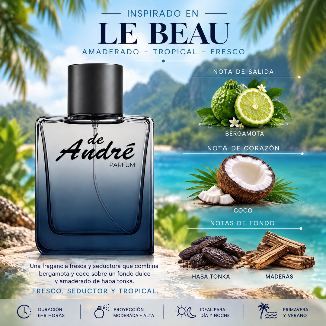 Notas olfativas del perfume inspirado en Le Beau: bergamota, coco, haba tonka y maderas