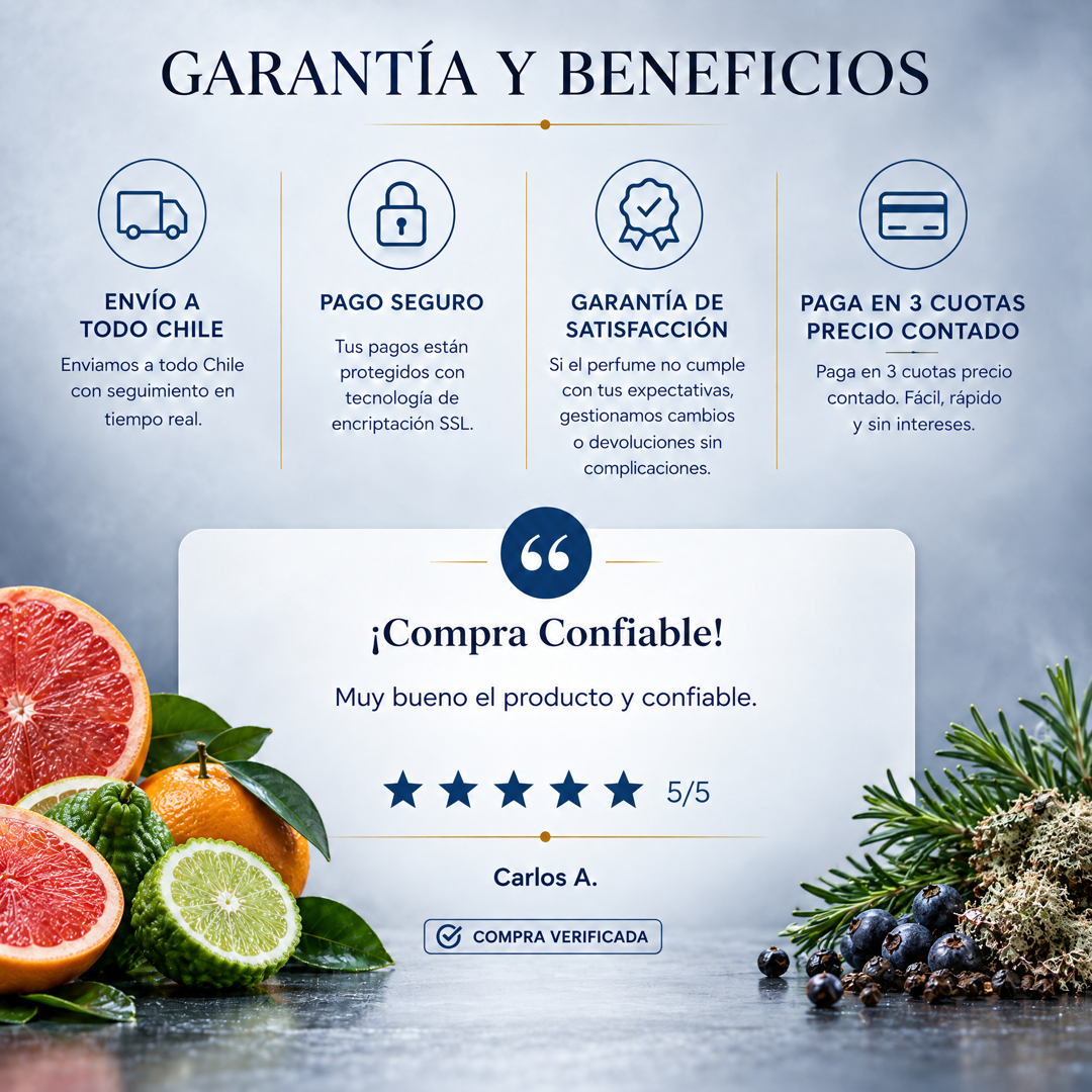 Garantía y beneficios con reseña de cliente, perfume inspirado en Light Blue Pour Homme