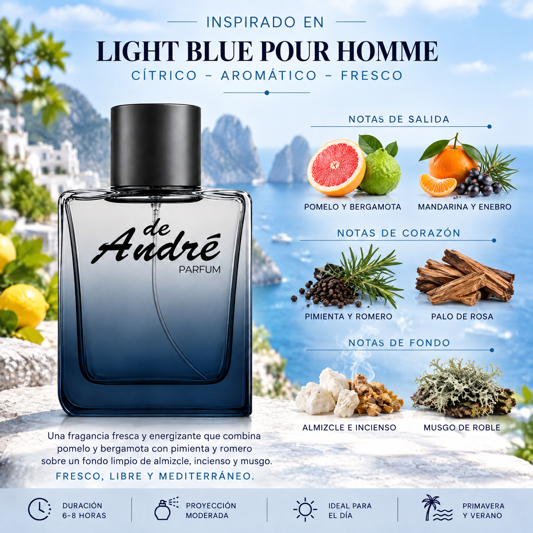 Notas olfativas del perfume inspirado en Light Blue Pour Homme: pomelo, bergamota, mandarina, enebro, pimienta, romero, palo de rosa, almizcle, incienso y musgo de roble
