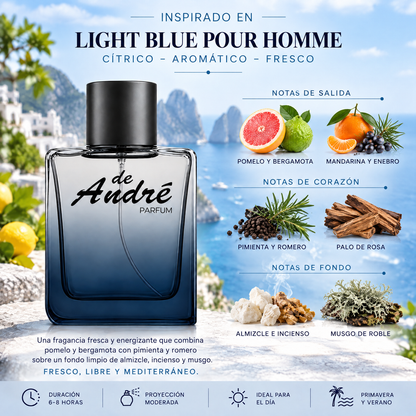 Notas olfativas del perfume inspirado en Light Blue Pour Homme: pomelo, bergamota, mandarina, enebro, pimienta, romero, palo de rosa, almizcle, incienso y musgo de roble