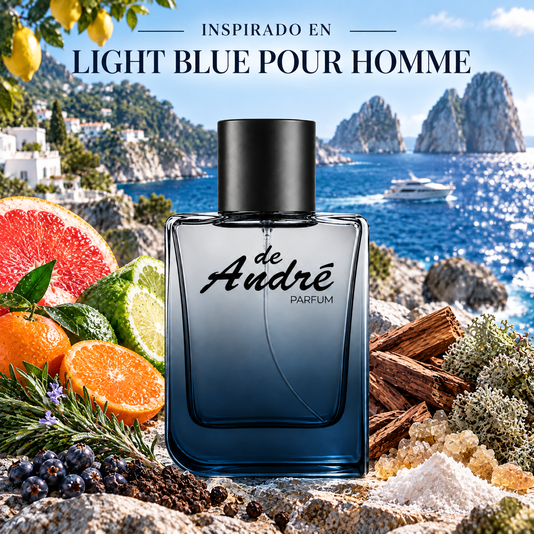 Perfume de hombre inspirado en Light Blue Pour Homme con pomelo, bergamota, enebro, romero y almizcle
