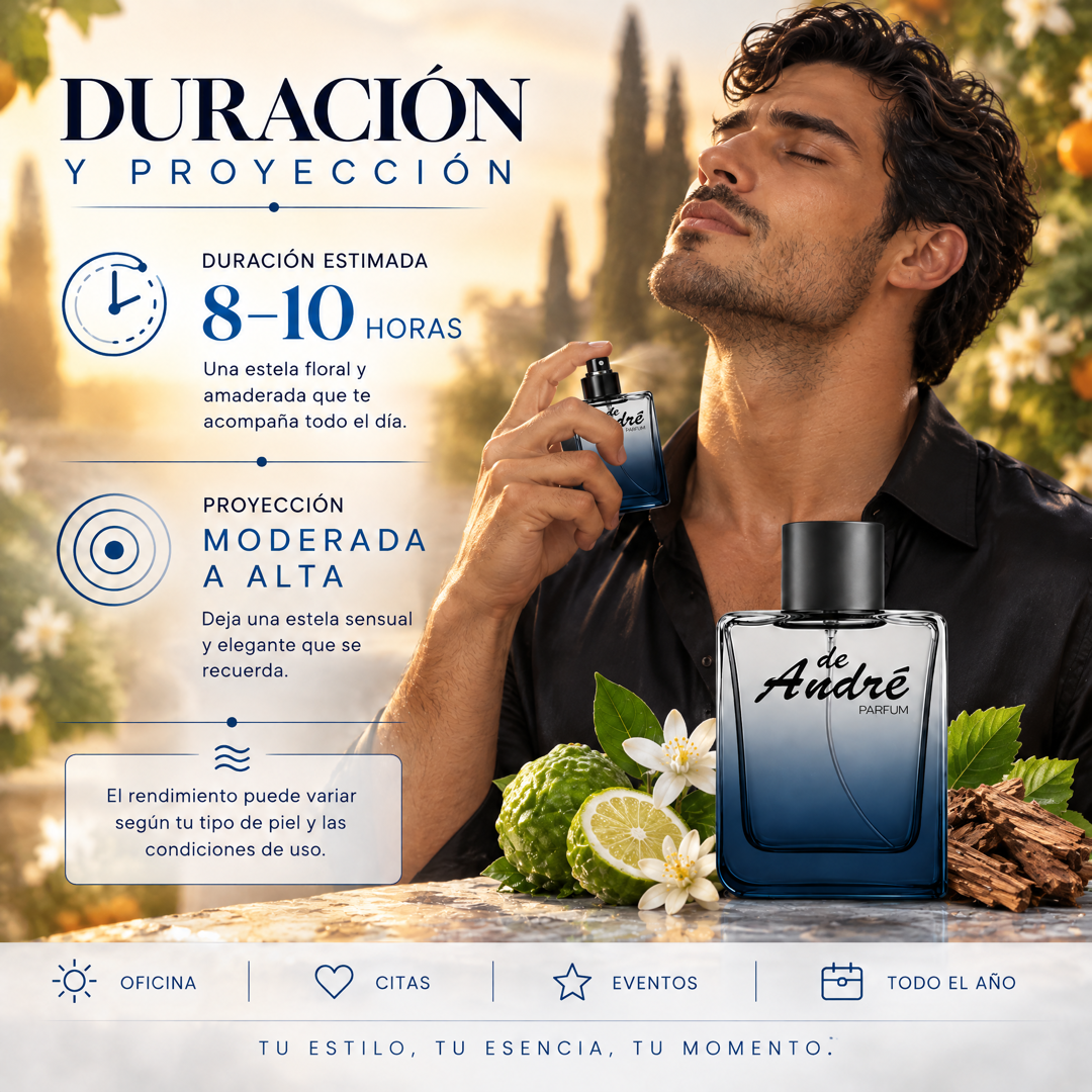 Duración de 8 a 10 horas y proyección moderada a alta del perfume de hombre inspirado en MYSLF