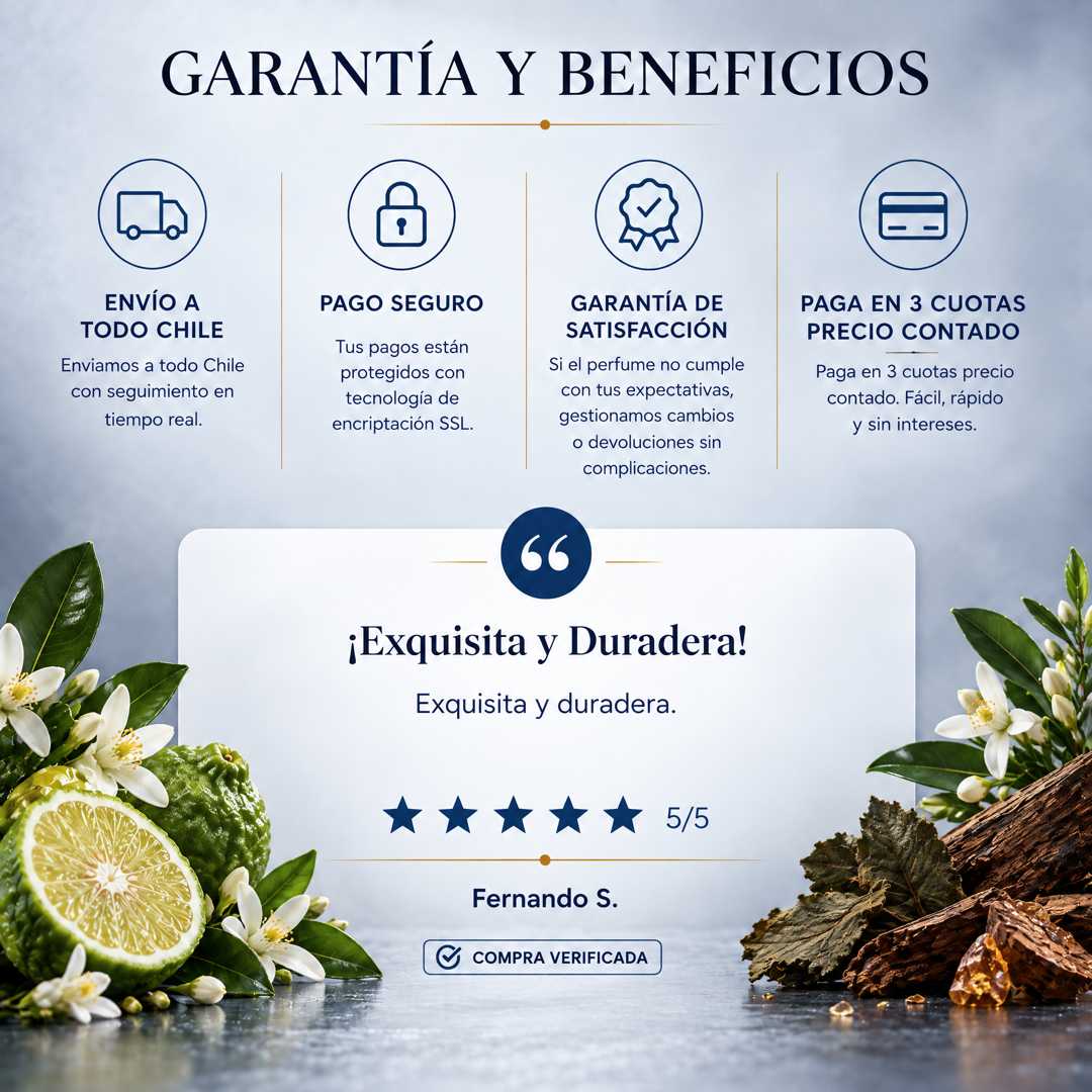 Garantía y beneficios con reseña de cliente, perfume inspirado en MYSLF