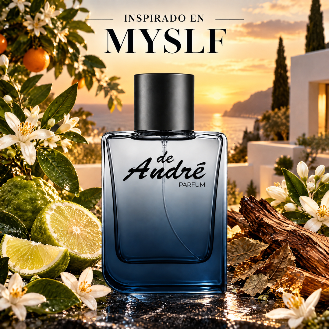 Perfume de hombre inspirado en MYSLF con bergamota, flor de azahar, maderas ambaradas y pachulí