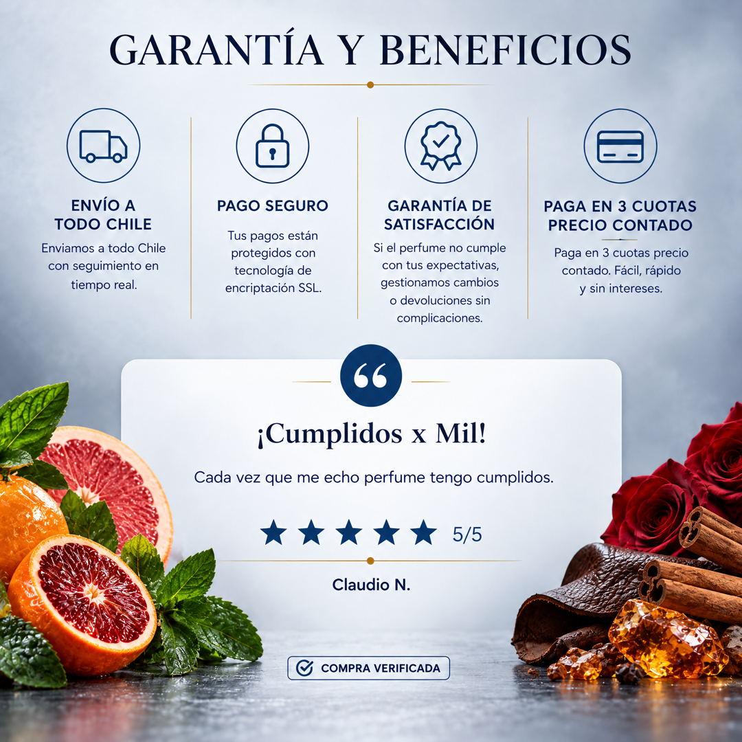 Garantía y beneficios con reseña de cliente, perfume inspirado en One Million