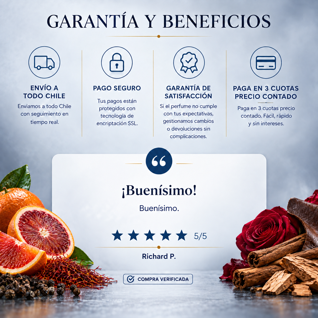 Garantía y beneficios con reseña de cliente, perfume inspirado en One Million Intense