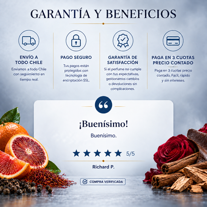 Garantía y beneficios con reseña de cliente, perfume inspirado en One Million Intense