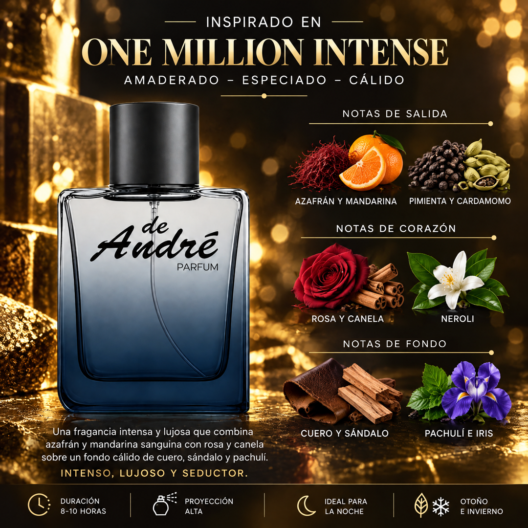Notas olfativas del perfume inspirado en One Million Intense: azafrán, mandarina, pimienta, cardamomo, rosa, canela, neroli, cuero, sándalo y pachulí e iris