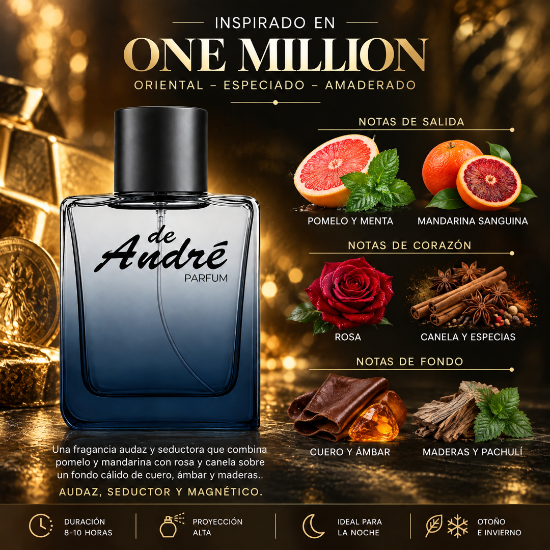 Notas olfativas del perfume inspirado en One Million: pomelo, menta, mandarina sanguina, rosa, canela, especias, cuero, ámbar, maderas y pachulí