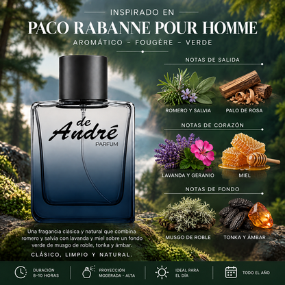 Notas olfativas del perfume inspirado en Paco Rabanne pour Homme: romero, salvia, palo de rosa, lavanda, geranio, miel, musgo de roble, tonka y ámbar