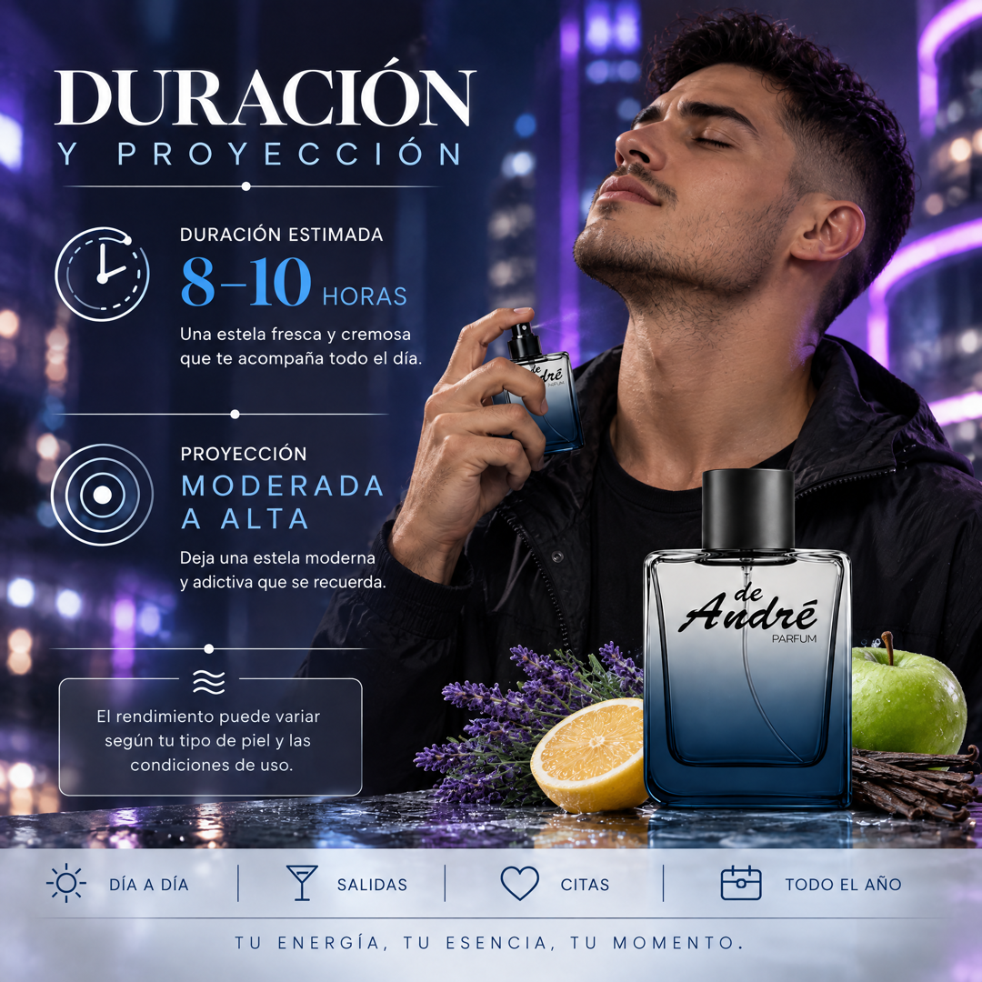 Duración de 8 a 10 horas y proyección moderada a alta del perfume de hombre inspirado en Phantom