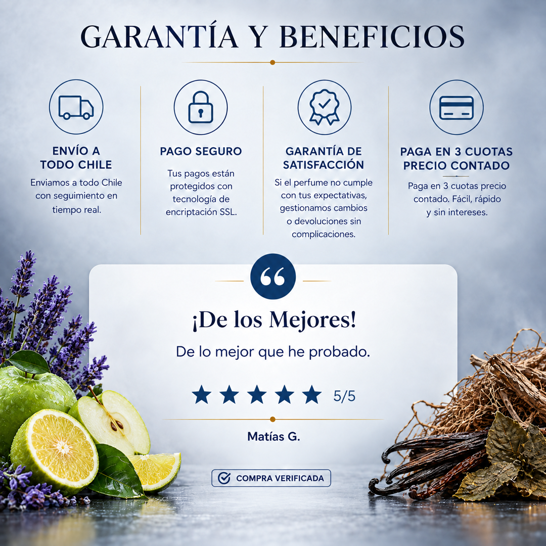 Garantía y beneficios con reseña de cliente, perfume inspirado en Phantom