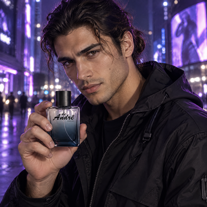 Hombre en una calle futurista de noche con el perfume inspirado en Phantom de Paco Rabanne de Perfumes Inferno